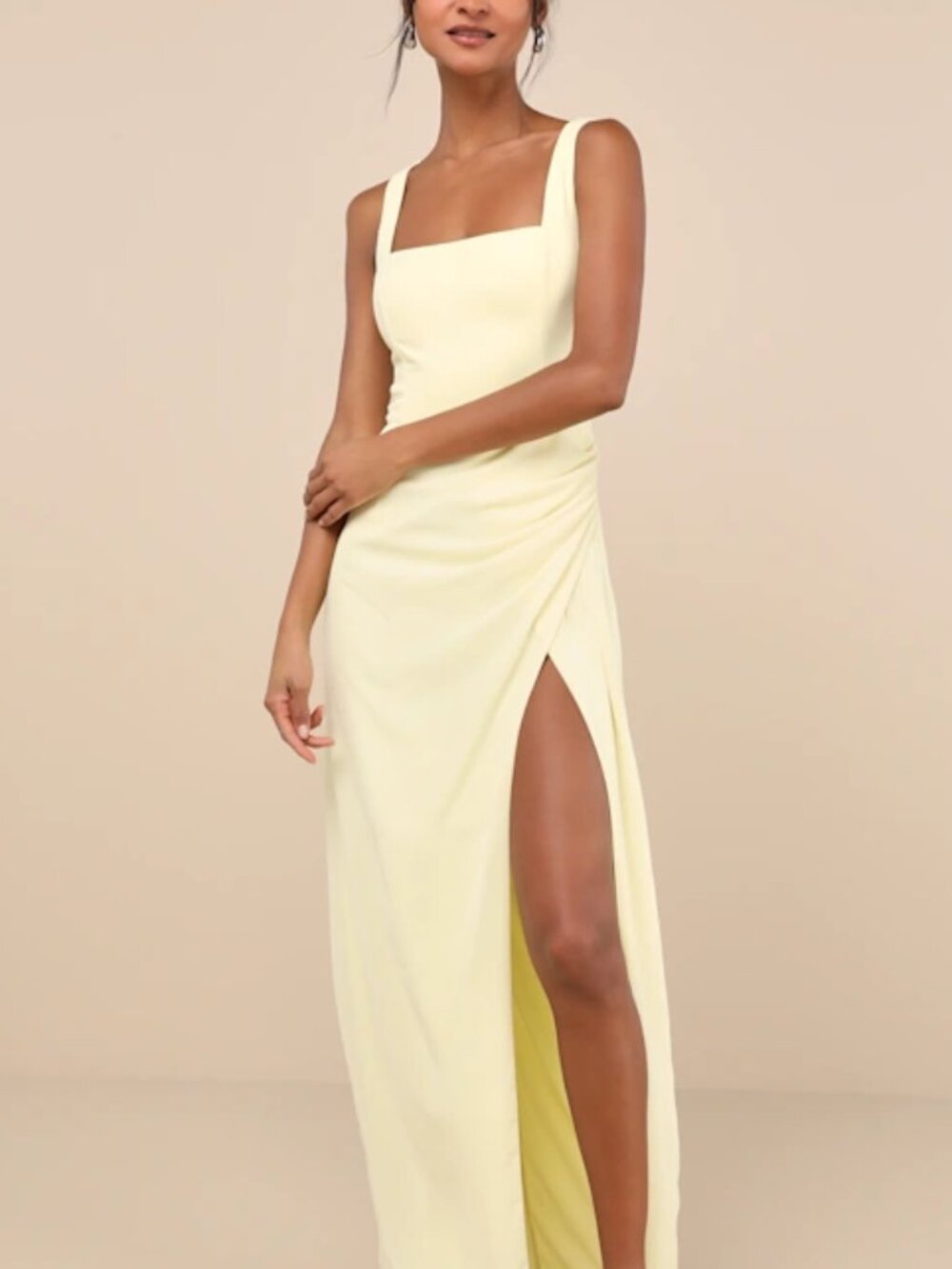 Lulus Glamorous Disposition Light Yellow Ruched Maxi Dress